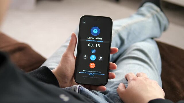 Mobile call with a lawyer for a confidential legal consultation. The timer ticks up during an attorney-client privileged conversation. Perfect for legal-tech apps, law firm marketing, and professional