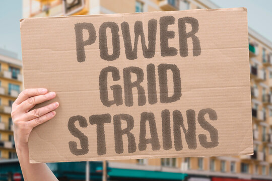"Power grid strains" Electricity demand overwhelms the system. DEMAND. OVERWHELM. SYSTEM. BLACKOUT. RISK.