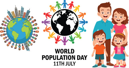 Fototapeta premium World Population Day banner featuring a happy family cartoon, earth globe with people silhouettes, and a city skyline planet.