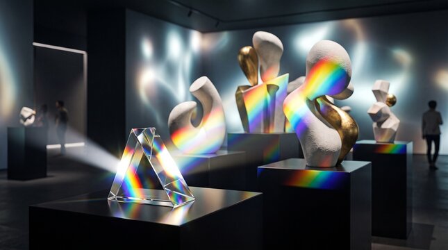Rainbow light beams shining on abstract sculptures in modern art gallery