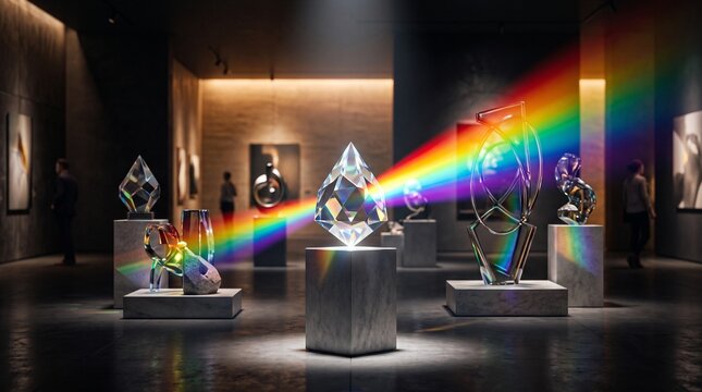 Rainbow beam illuminates crystal sculpture in art gallery