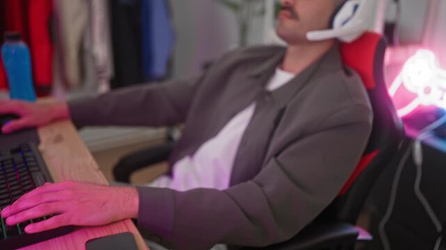 Man with headset leaning back in red gaming chair, eyes closed, right hand on keyboard in studio; relaxed gaming break unwind.