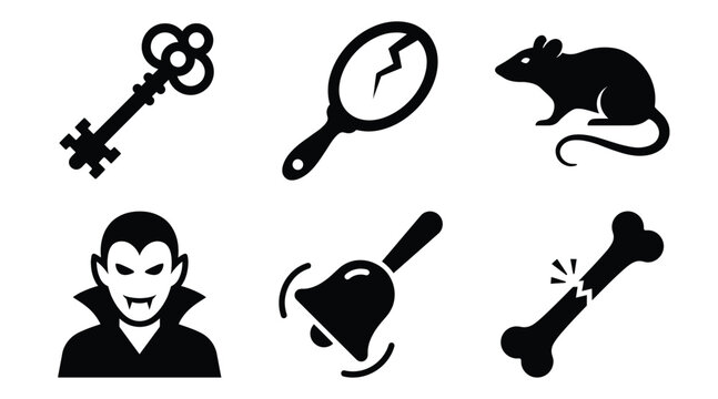 Set of halloween icons including a key, a cracked mirror, a mouse, a vampire, a bell, and a broken bone