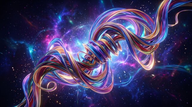 Vibrant colorful swirling ribbons in space with neon lights