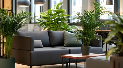 Fototapeta premium A bright and sophisticated open plan office lounge integrating lush greenery and modern furniture for a calm working environment