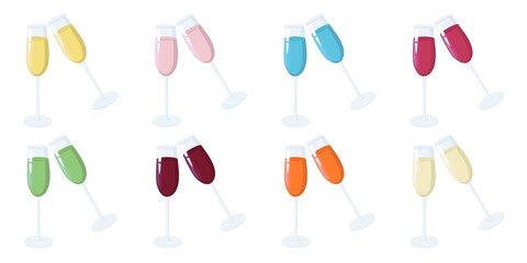 Set of eight pairs of champagne flutes clinking in a toast, each filled with vibrant liquids in yellow, pink, blue, magenta, green, dark red, orange, and pale yellow © Lipitorika