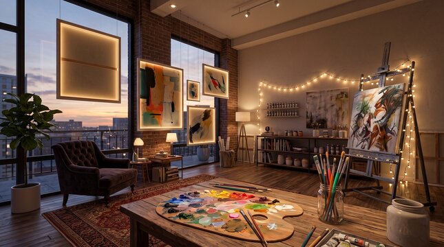 Cozy Art Studio Interior with Paintings and City View at Dusk