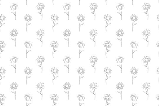 Seamless floral pattern with daisies featuring circular centers, radiating petals, stems, and leaves in minimalist black line art, arranged evenly on white background for textiles