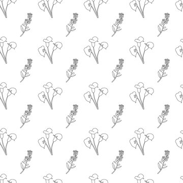 Seamless floral pattern with alternating bell-shaped blossoms and clustered round flowers in minimalist black line art, arranged diagonally on white background for textiles