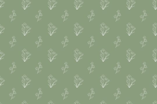Seamless floral pattern with alternating three-petal blossoms and sprigs of two small flowers, minimalist white line art on muted green background for textiles
