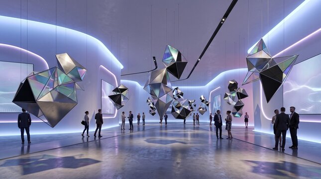 People exploring futuristic exhibition space with geometric art