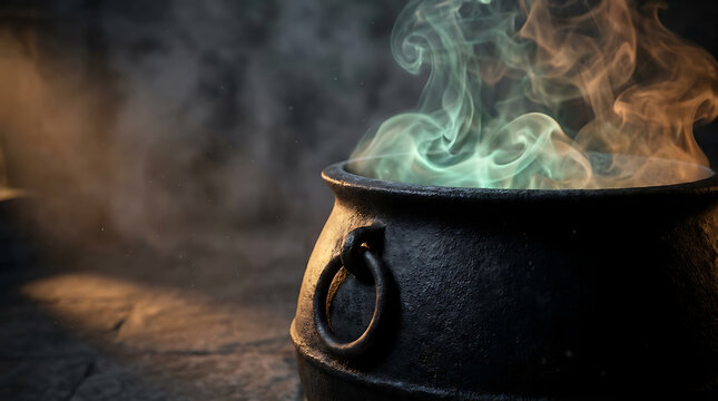 Halloween spooky bubbling cauldron with green magic smoke and mystical potion for dark fantasy concept