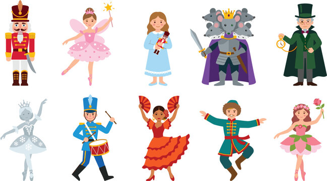 Fairy Tale Character Vector Collection with Nutcracker, Ballerina, Princess, Knight, Leprechaun, Dancer, and Fantasy Storybook Illustration Set