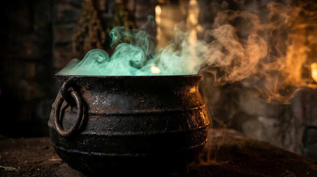 halloween spooky bubbling cauldron with green magic smoke and mystical potion in dark cellar