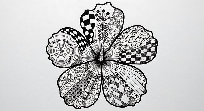 Artistic Black and White Hibiscus Flower Drawing with Intricate Zentangle Patterns and Decorative Geometric Textures