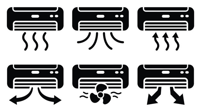 Set of air conditioner icons, vector illustration of split system climate control units with different airflow directions and fan mode