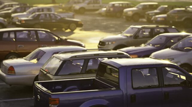 Pickup truck foreground crowded parking bathed in golden sunlight, rows of sedans and SUVs, warm reflections on windows, late afternoon suburban shopping