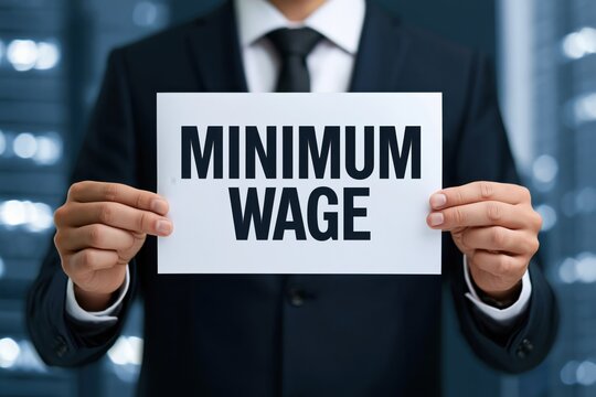 Businessman displaying minimum wage economic concept sign