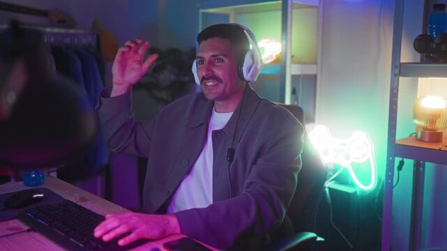Man with headset playing computer at keyboard, hand to forehead and smiling in studio; frustration focus.