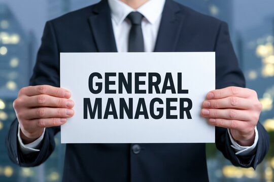 Corporate man holding general manager job title sign