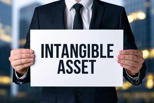 Male executive holding a white sheet of paper displaying intangible asset against blurred city lights