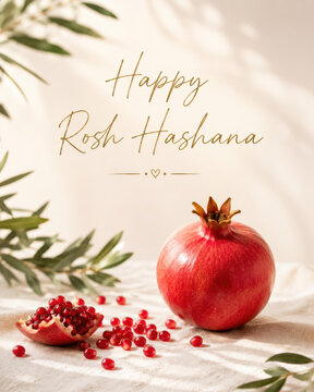 Happy Rosh Hashana greeting card with whole pomegranate, scattered seeds and green branches on linen background with golden text
