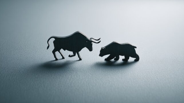 Bull and bear figurines facing each other symbolizing market conflict economic trends. Symbolic representation of financial market forces, with bull charging bear poised illustrating market volatility