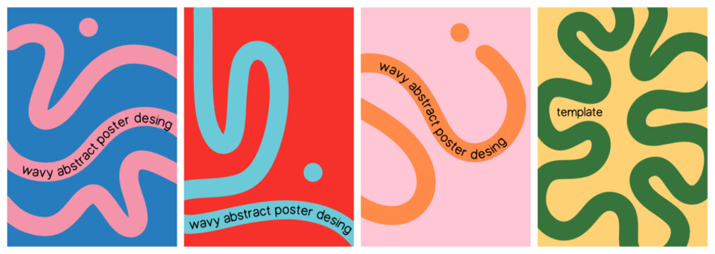 Minimalist Wavy Lines Abstract Poster Vector Set. Modern Shapes with Flowy Text. Background Templates for Ads, Covers, Social Media, Flyers, and Event Design