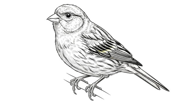 Detailed black and white sketch of a small songbird standing on a branch, hand-drawn bird illustration for nature lovers