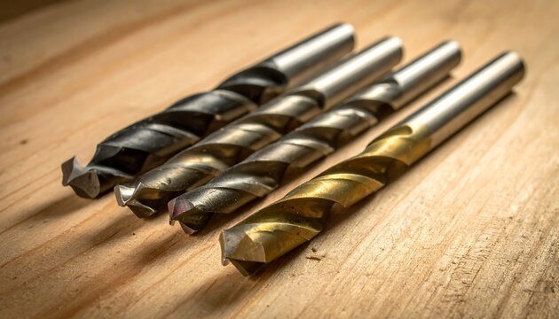 A photograph of four spiral drill bits on a wooden surface