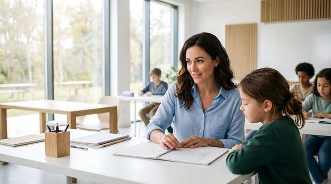 Professional female teacher smiling while helping young primary student with lesson in modern bright school classroom education lifestyle concept