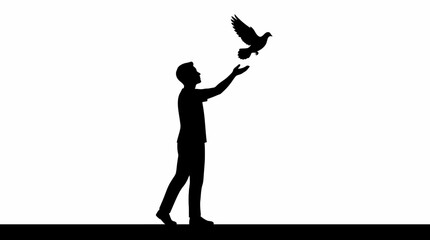 Silhouette of man releasing dove, freedom symbol, black icon, white background isolated on White Background © ALMAAKTER
