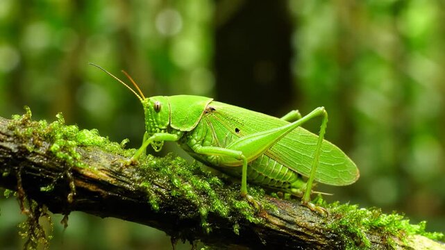 Green grasshopper rests on moss-covered branch, surrounded by lush greenery. Bright forest environment enhances natural beauty. Concept of nature, wildlife observation, ecological studies