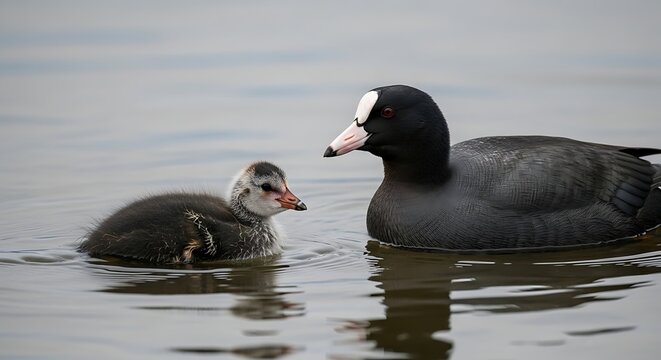 Black Eurasian Coot Swimming with Fluffy Chick on Calm Lake Water