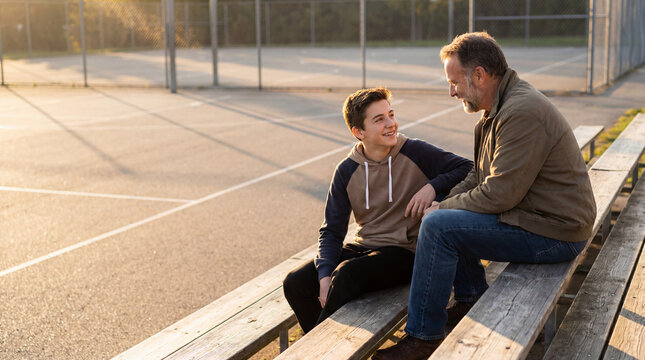 Father talks with teenage son on outdoor bleachers beside sports court at golden hour showing supportive parenting mentorship trust family bonding youth guidance honest conversation moment