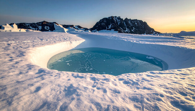 A pristine glacial meltwater pool nestled within the stark white snowfields of Antarctica, surrounded by majestic dark mountain peaks under a golden sunset.