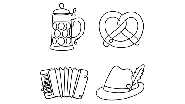 Clean Bavarian Oktoberfest vector icon set showing beer mug, pretzel and festive travel symbols in thin line illustration style for tourism maps, holiday menus and cultural event design