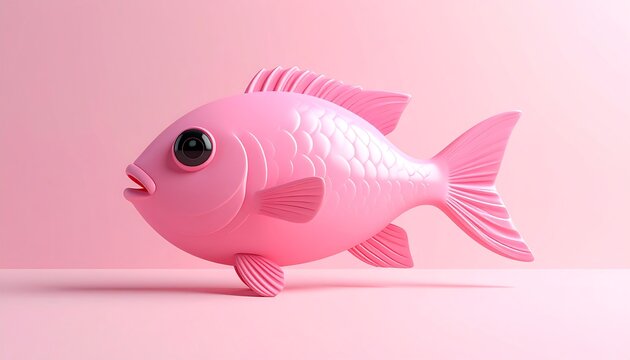 A pink fish toy with shiny scales and fins on a pink background