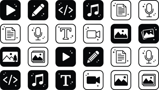 Multimedia application icons set for digital content creation video editing audio recording image gallery and text programming interface,