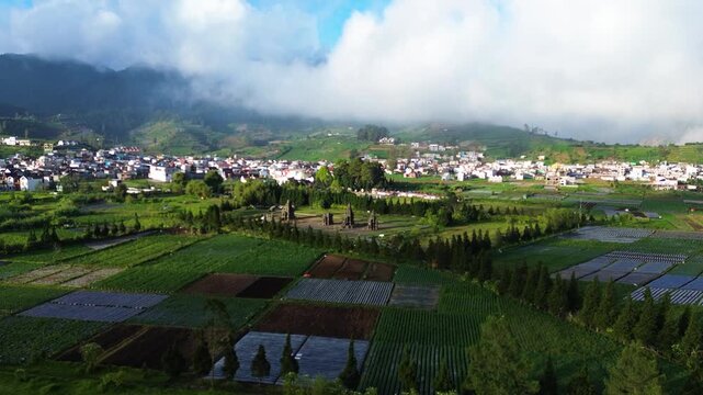 Aerial Drone View of Arjuna Temple Complex at Dieng Plateau, Indonesia During Golden Hour
