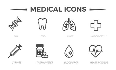 Fototapeta premium Medical icons set with 8 black line vector elements, healthcare symbols for hospital apps, dna tooth lungs cross syringe medicine blood heart rate