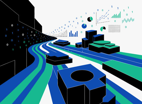 Futuristic digital data flow landscape with analytical charts and binary code stream, landscape
