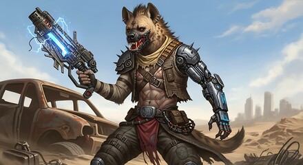 Naklejka premium Futuristic Scavenger Hyena Soldier with Robotic Arm and Plasma Gun in Dystopian Wasteland Landscape