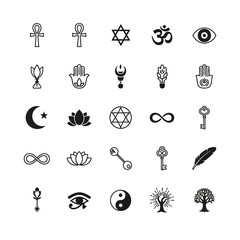 Fototapeta premium Spiritual Symbols Icon Set: Ankh, Hamsa, Om, Star of David, Lotus, Infinity