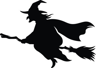 Fototapeta premium Black silhouette of a flying witch on a broomstick for Halloween and fantasy design projects