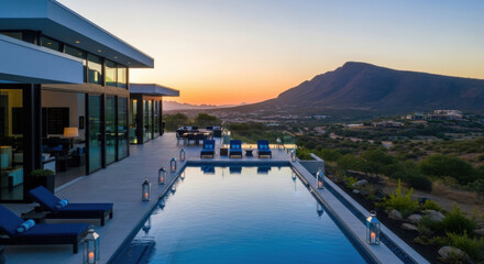 Fototapeta premium Modern Luxury Villa With Infinity Pool Overlooking Mountain Sunset
