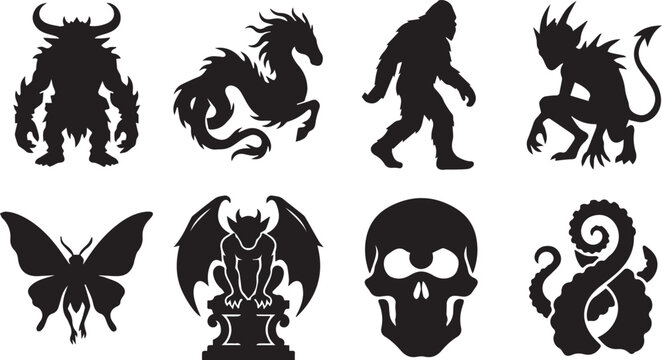 Black silhouette collection of mythical creatures and cryptids featuring bigfoot, gargoyle, minotaur, and kraken tentacles