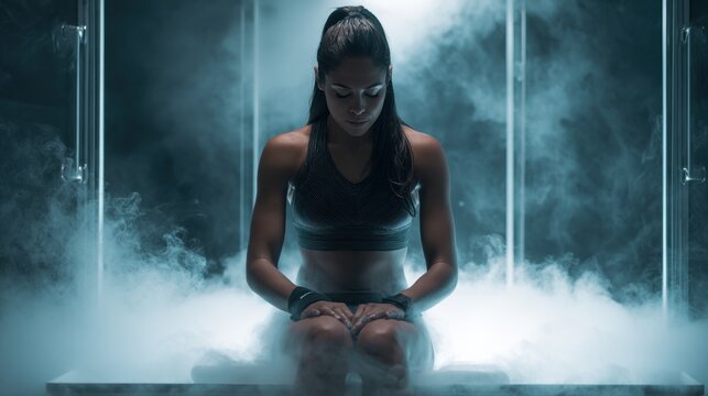Woman in cryotherapy chamber meditating surrounded by cool mist and steam. A fit woman sits with eyes closed in a cryotherapy chamber, embracing the therapeutic cold mist for recovery and wellness