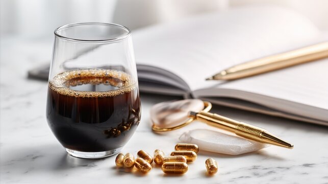 Morning routine with coffee, supplements, and a journal for productivity and wellness. A glass of dark liquid, possibly coffee or a supplement drink, sits beside golden capsules and a pen on notebook