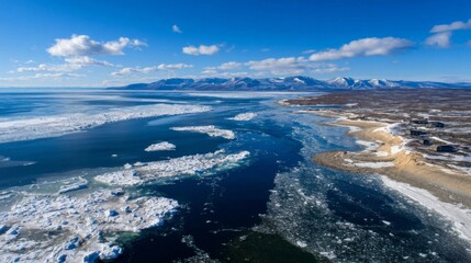 Fototapeta premium Vast Aerial View of Frozen Landscape with Ice Floes and Snow-Capped Mountains Under Clear Blue Sky in Winter Wonderland Scene